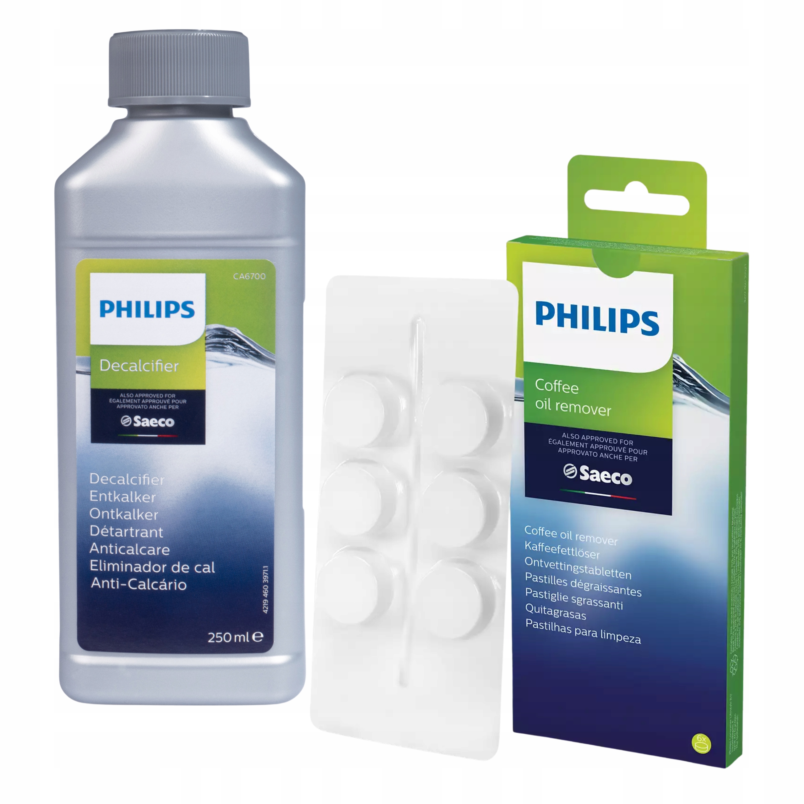 Tekutý odstraňovač vodného kameňa pre espresso kávovary Philips Saeco Decalcifier 0,25 l + odmasťovacie tablety pre varnú skupinu Philips 6 ks.